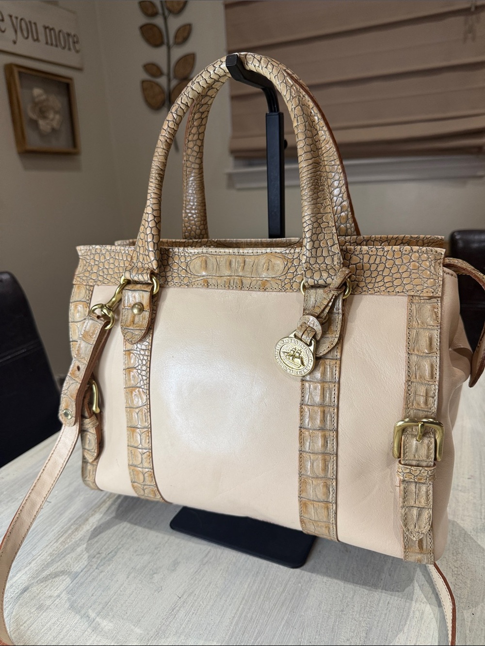 Rare Vintage Brahmin Beige/Cream Croc-Trim Satchel